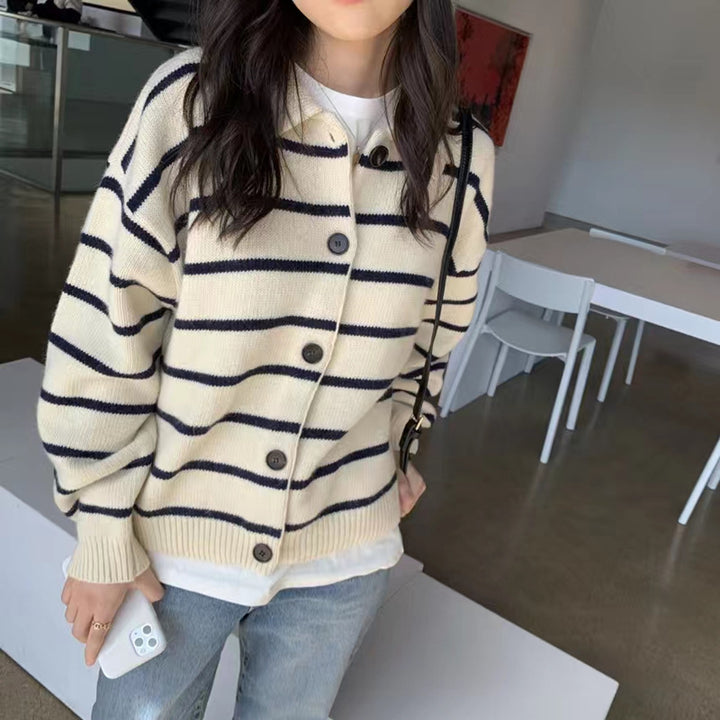 Damen lässige Strickjacke mit maritimem Streifenmuster und schmalem Schnitt Drune