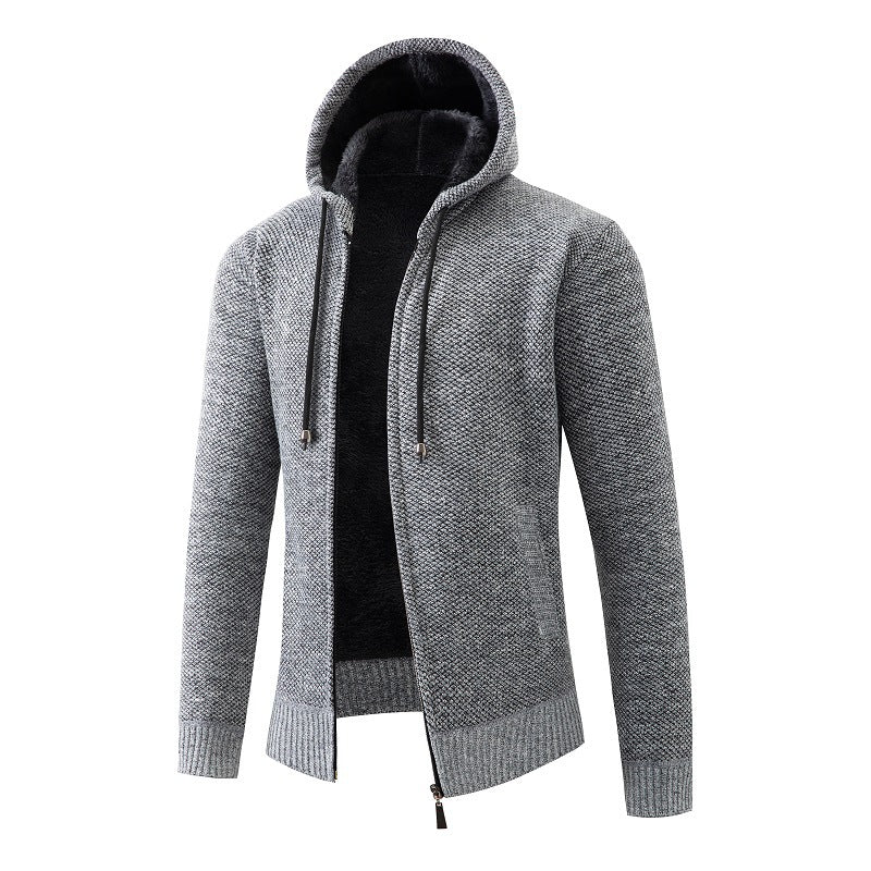 Herren nan melierte Strickzip-Kapuzenjacke mit wärmendem Teddyfutter, verdecktem Zwei-Wege-Reißverschluss und elastischen Bündchen Drune