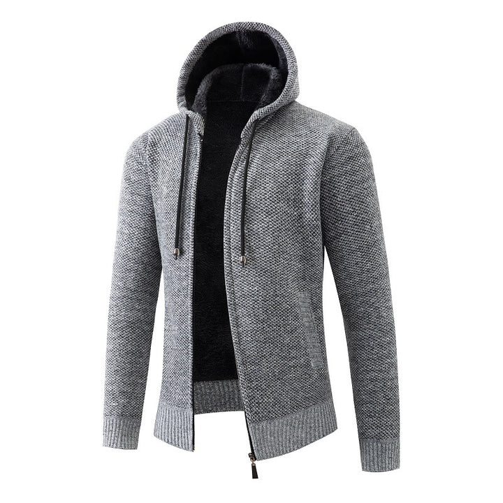 Herren nan melierte Strickzip-Kapuzenjacke mit wärmendem Teddyfutter, verdecktem Zwei-Wege-Reißverschluss und elastischen Bündchen Drune