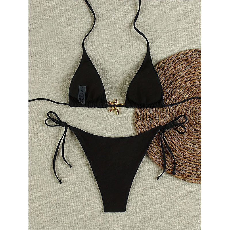 Damen Eleganter Triangel-Bikini mit goldener Applikation Drune