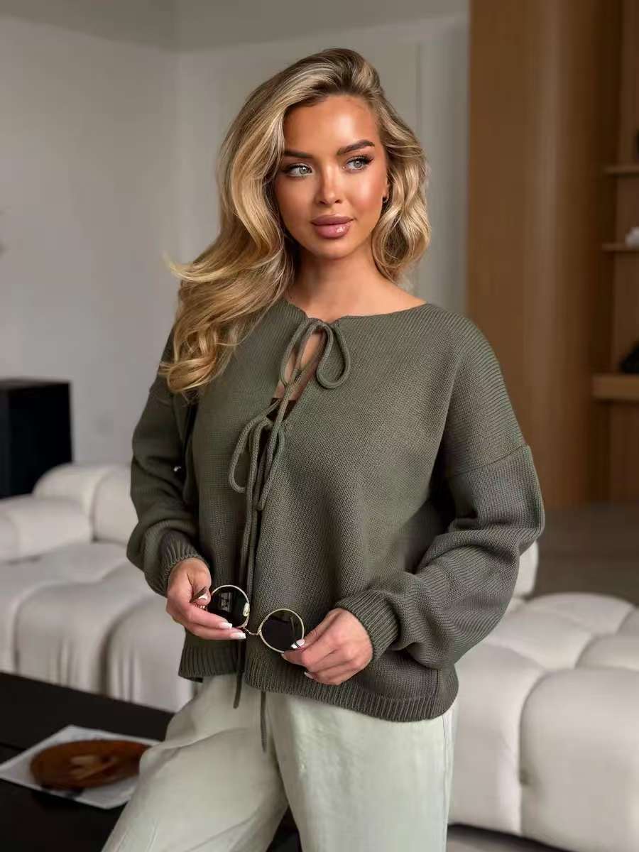 Damen lässiger Strickpullover mit dekorativen Schnürdetails Drune