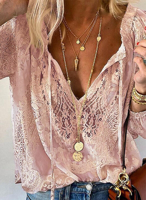 Damen Elegante und feminine Bluse mit V-Ausschnitt und Spitzenakzenten Drune