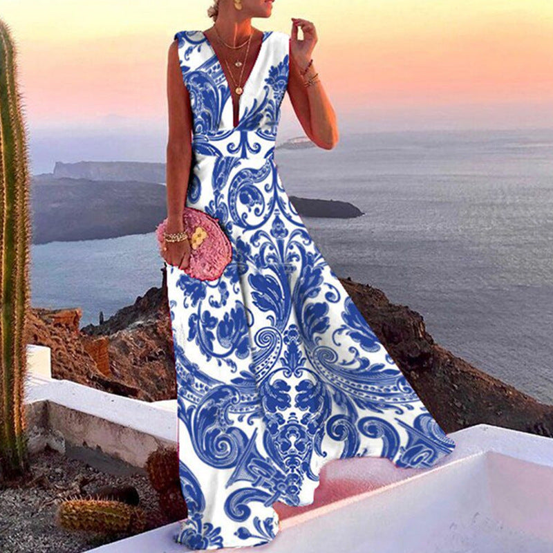 Damen Maxikleid mit elegantem floralem Muster und V-Ausschnitt Drune