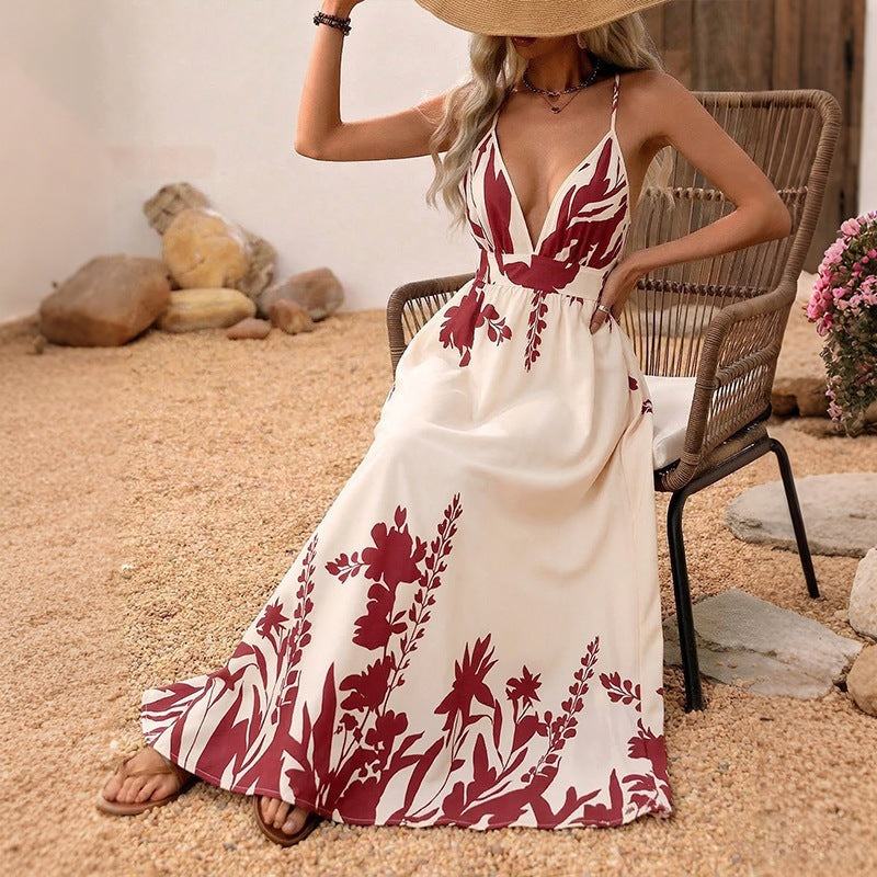 Damen Maxikleid mit tiefem V-Ausschnitt und floraler Applikation Drune