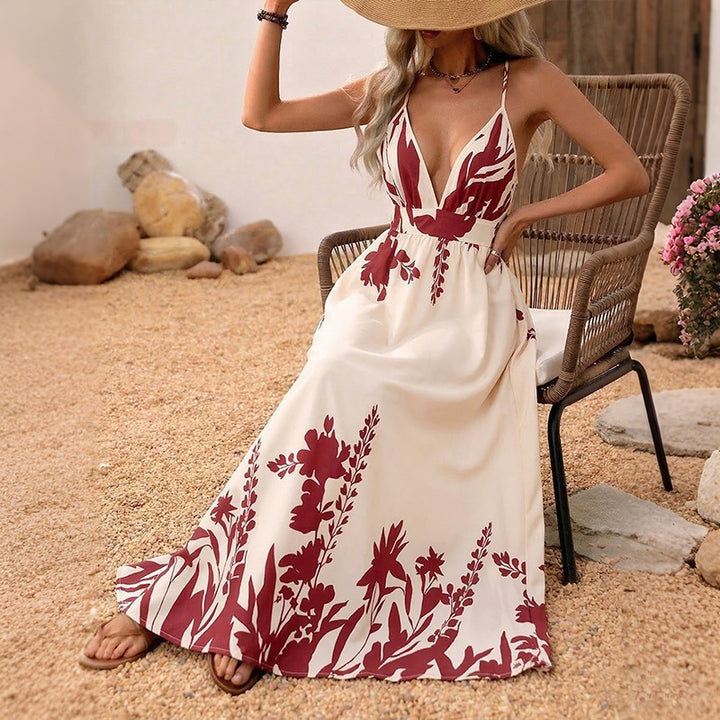 Damen Maxikleid mit tiefem V-Ausschnitt und floraler Applikation Drune