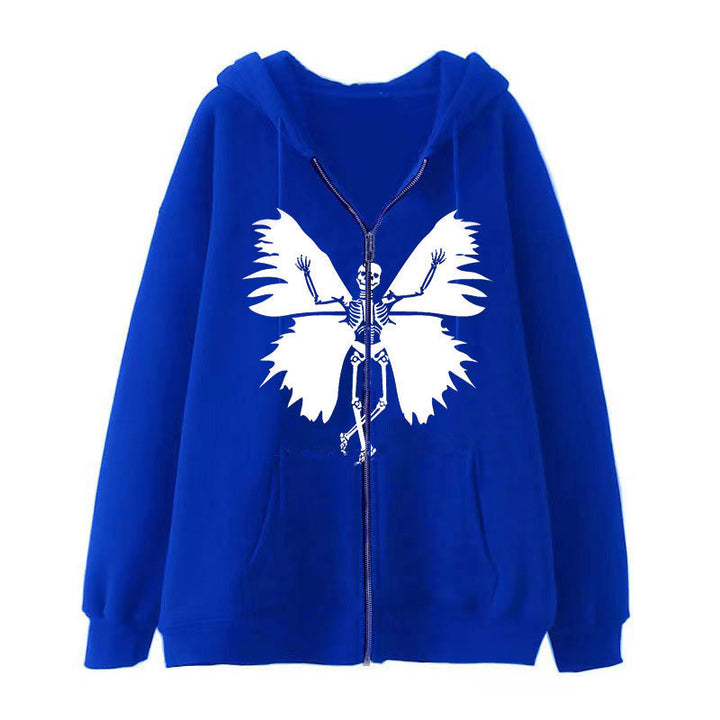 Damen Zip-Hoodie mit einzigartigem Skelett- und Schmetterlingsmotiv Drune