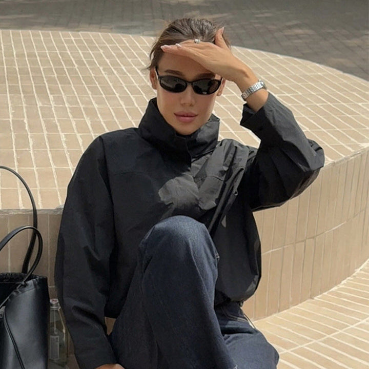 Damen lässige oversized Jacke mit hohem Kragen und verstellbarem Verschluss Drune