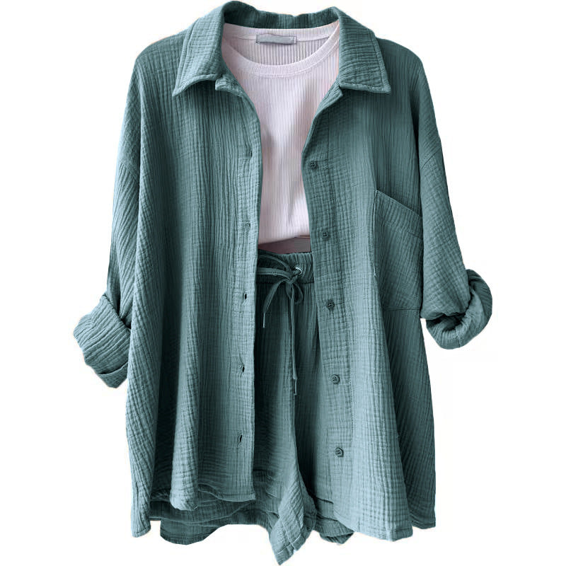 Damen nan lässiges oversized Hemd und Shorts Set mit Brusttasche Kordelbund und gerauter Baumwollstruktur Drune