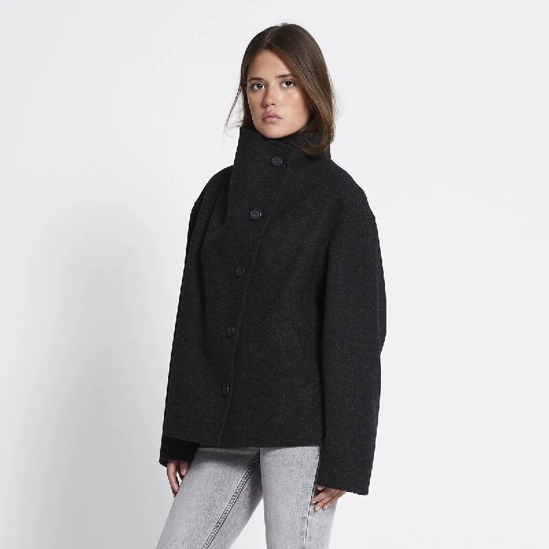 Damen Oversized Wolljacke mit hohem Kragen und doppelter Knopfleiste Drune