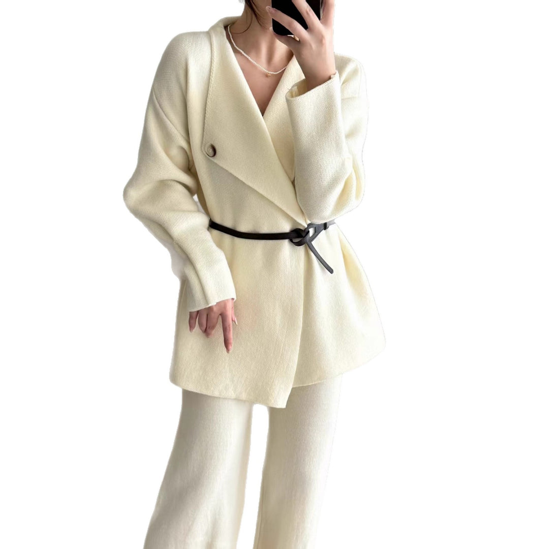 Damen Eleganter Blazer mit tailliertem Gürtel und feiner Textur Drune