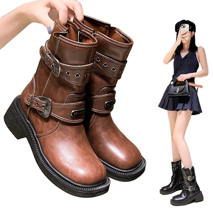 Damen modische Stiefel mit dekorativen Schnallen und robustem Profil Drune