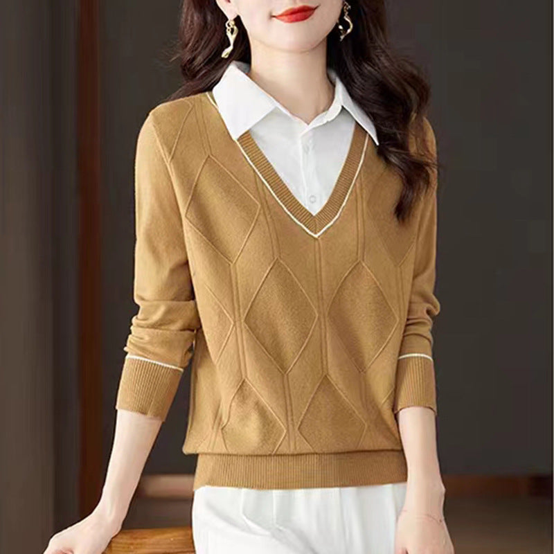 Damen gestrickter Pullover mit v-ausschnitt und strukturiertem Diamantmuster Drune