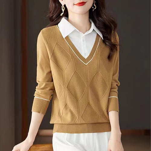 Damen gestrickter Pullover mit v-ausschnitt und strukturiertem Diamantmuster Drune