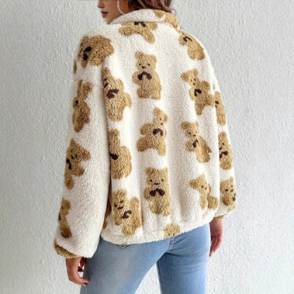 Damen kuschelige Fleecejacke mit Bärenmuster und durchgehendem Reißverschluss Drune