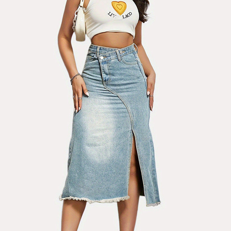 Damen Midi-Jeansrock mit hoher Taille und modischem Fransenabschluss Drune
