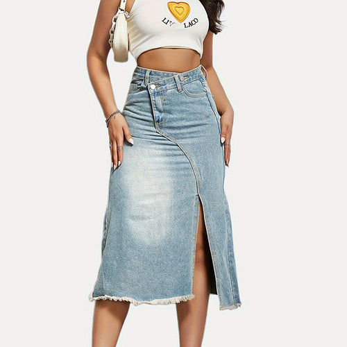 Damen Midi-Jeansrock mit hoher Taille und modischem Fransenabschluss Drune