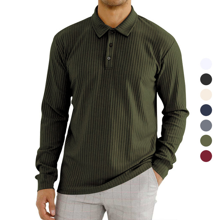 Herren Langarm-Polohemd mit strukturiertem Rippenmuster und Knopfdetail Drune