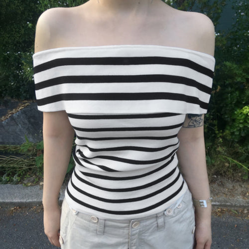 Damen Off-Shoulder Oberteil mit gestreiftem Design und breitem Kragen Drune
