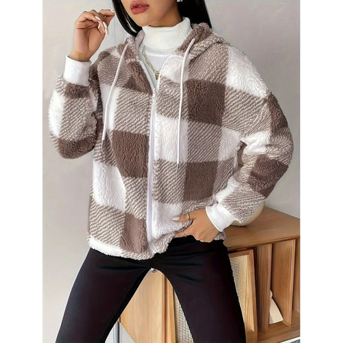 Drune | Strickjacke mit Kapuze Übergröße Passform Reißverschluss Flauschige Textur Karomuster