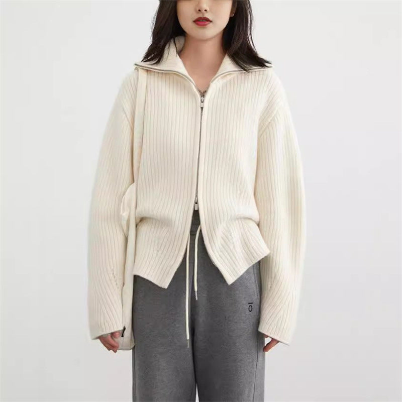 Damen lässige Strickjacke mit hohem Kragen und Reißverschluss Drune