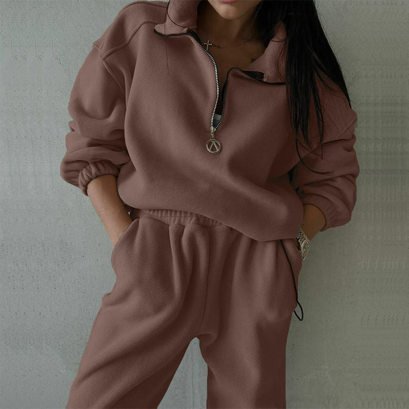 Damen Fleece-Loungewear-Set mit halbem Reißverschluss und elastischem Bund Drune