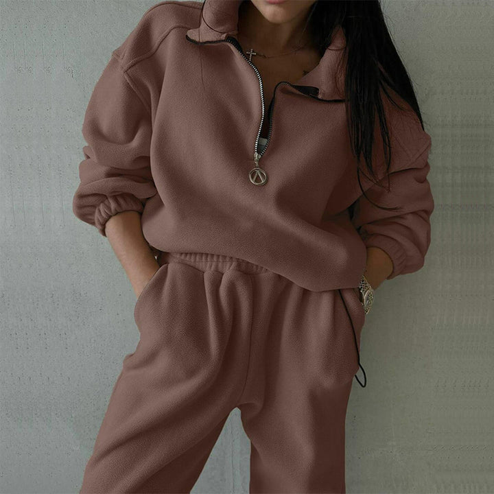 Damen Fleece-Loungewear-Set mit halbem Reißverschluss und elastischem Bund Drune