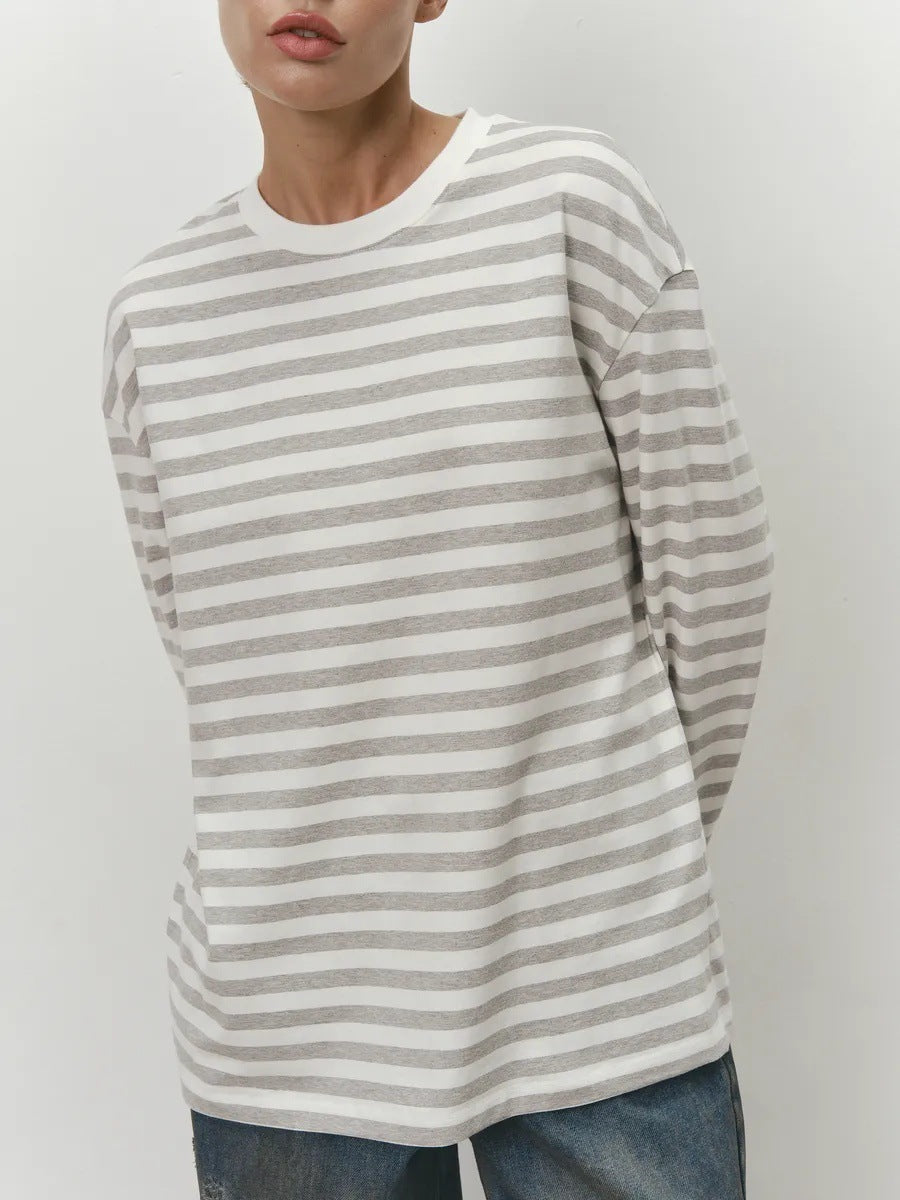 Damen bequemes Streifen-T-Shirt mit langen Ärmeln Drune
