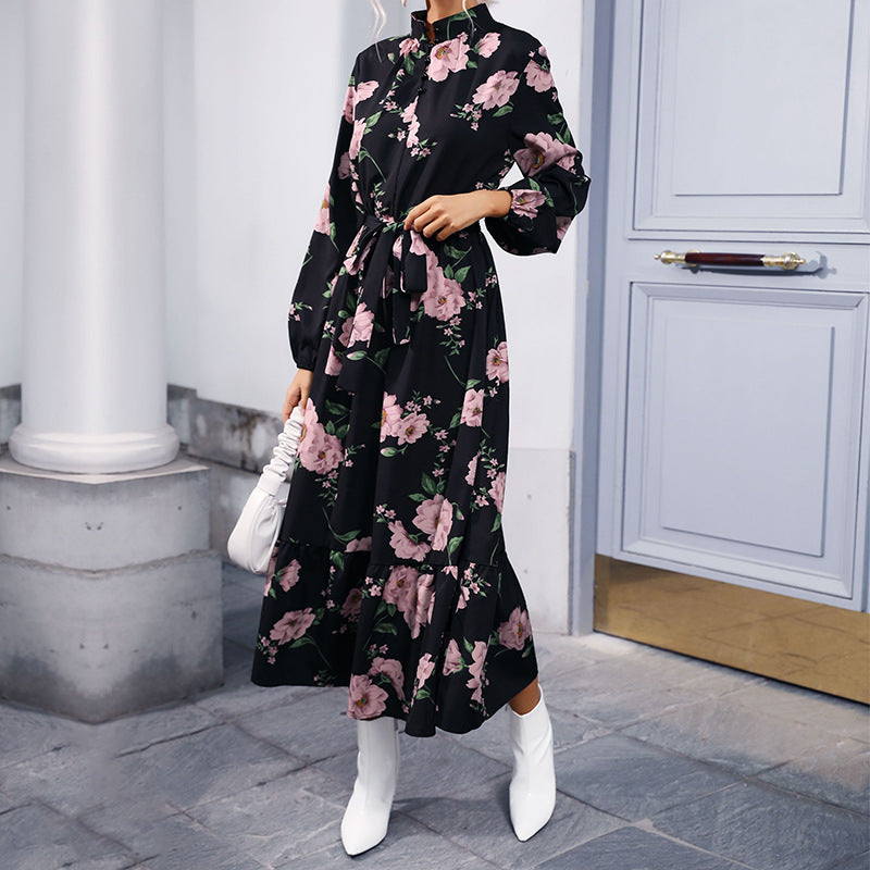 Damen Maxikleid mit floralen Rüschendetails und elegantem Bund Drune