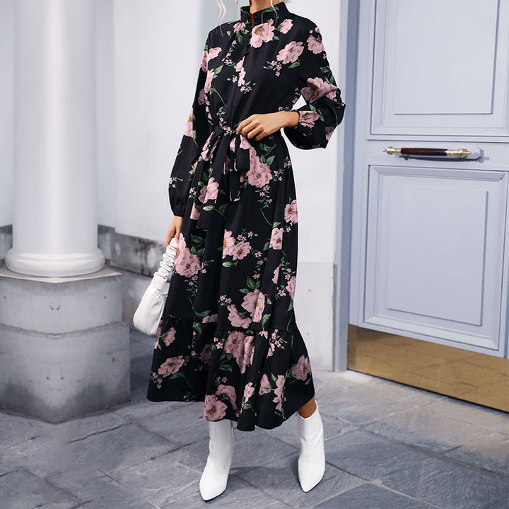 Damen Maxikleid mit floralen Rüschendetails und elegantem Bund Drune