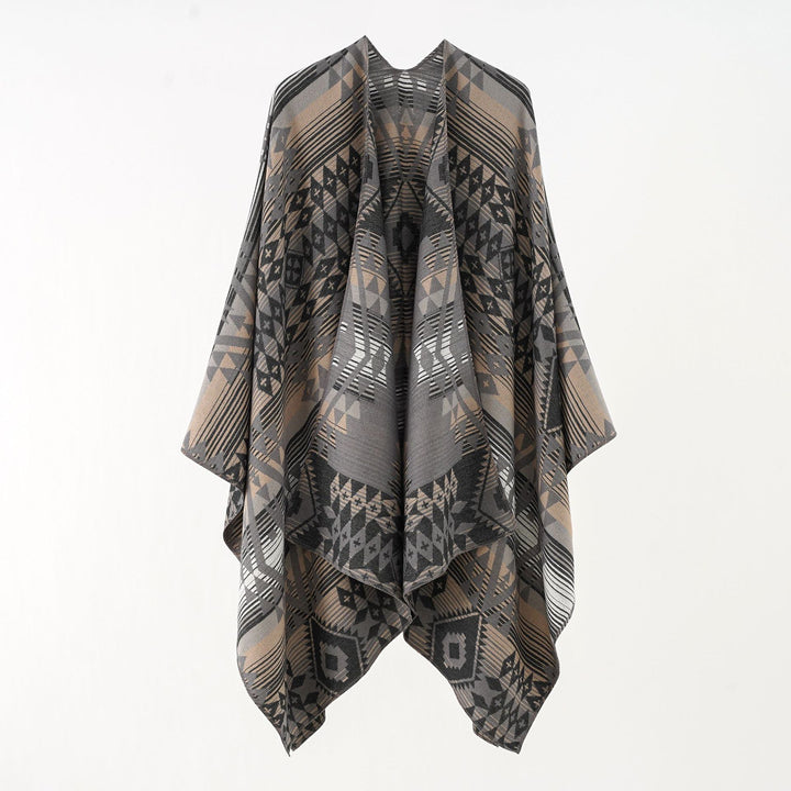 Damen Geometrischer Überwurfponcho mit warmem Material und trendiger Musterung Drune