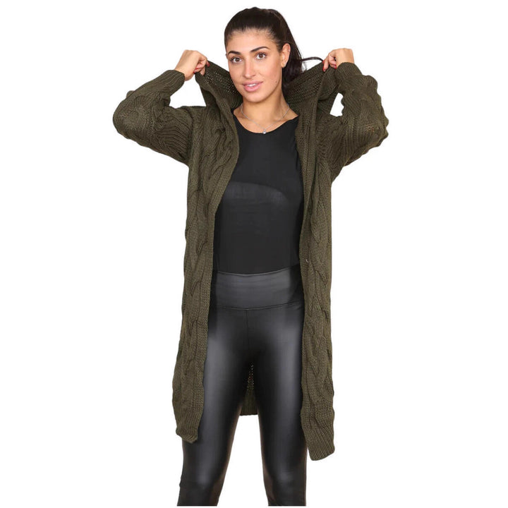Damen Strickmantel mit Kapuze und Zopfmuster Drune