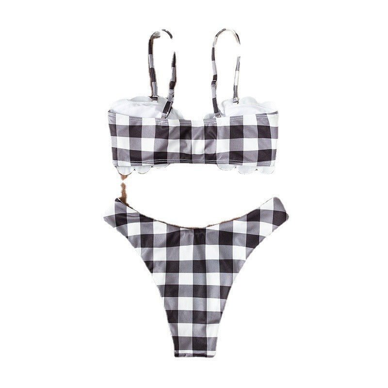 Damen Triangel-Bikini mit elegantem Rüschendesign und verspieltem Karomuster Drune