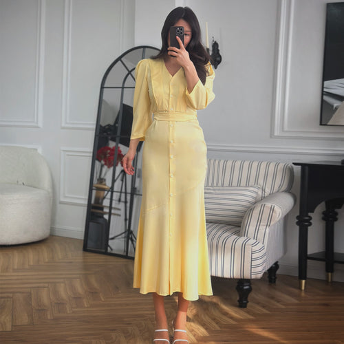 Damen Maxi-Kleid mit Knopfleiste und eleganten Puffärmeln Drune