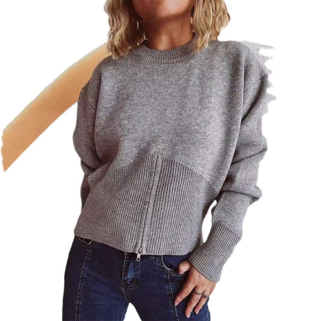 Damen modischer Pullover mit strukturiertem Reißverschluss und lockerer Passform Drune