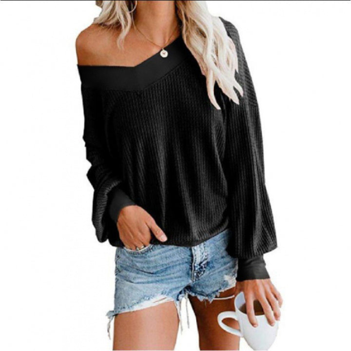 Damen Oversized Baumwollpullover mit lässigem V-Ausschnitt und Rippdetails Drune