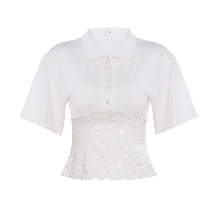 Damen elegantes Kurzarmhemd mit Spitzenbesatz Drune