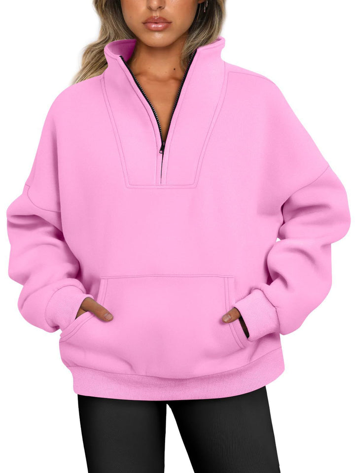 Damen nan oversized Halbzip-Hoodie mit hohem Stehkragen, Kängurutasche und gerippten Bündchen Drune