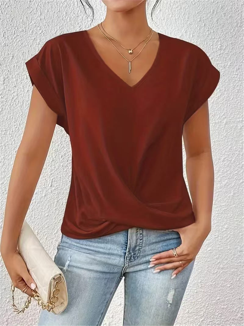 Damen elegante V-Ausschnitt Bluse mit lässiger Drapierung Drune