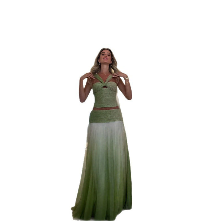 Damen schickes Maxikleid mit geflochtenem Oberteil und fließendem Rock Drune