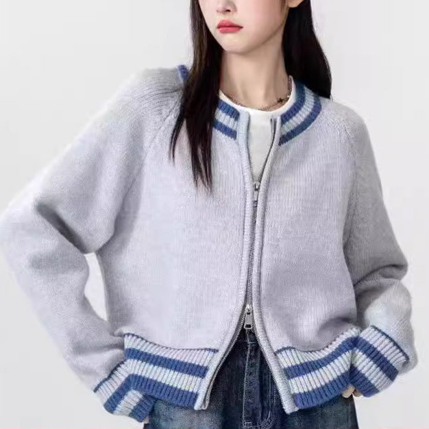 Damen sportlicher Strickcardigan mit Reißverschluss und gestreiftem Bündchen Drune