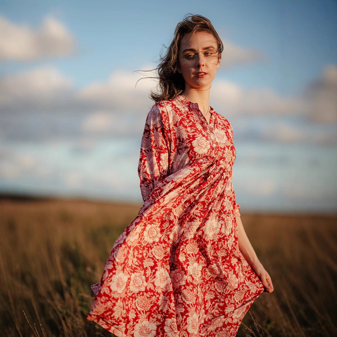 Damen Maxikleid mit floralen Mustern und elegantem Hemdkragen Drune