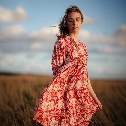 Damen Maxikleid mit floralen Mustern und elegantem Hemdkragen Drune