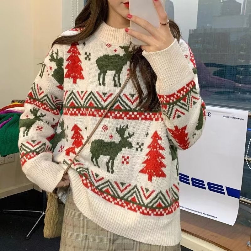 Damen Grobstrickpullover mit festlichem Rentier-Motiv und Rundhalsausschnitt Drune