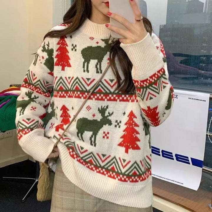 Damen Grobstrickpullover mit festlichem Rentier-Motiv und Rundhalsausschnitt Drune