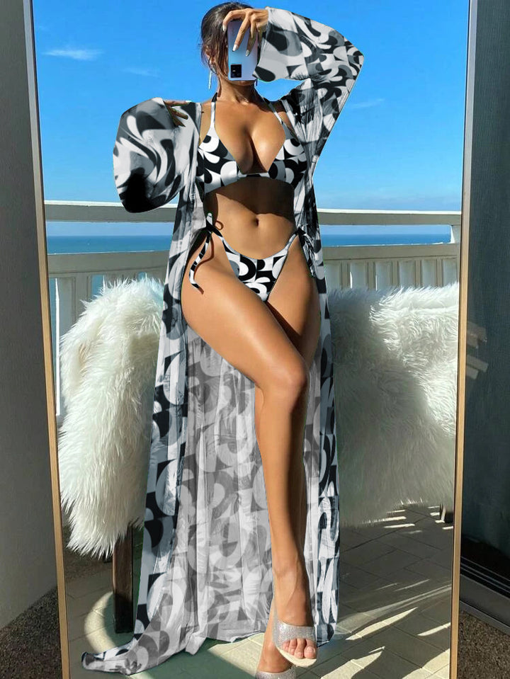 Damen Bikini-Set mit transparentem Kaftan und floralem Design Drune