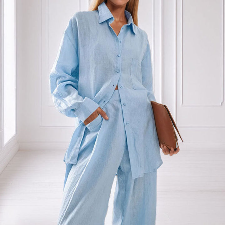 Damen lässiges Leinen-Hemd- und Hosen-Set Drune