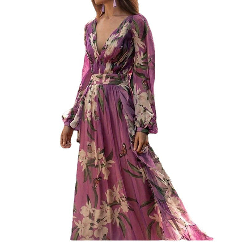 Damen Maxi-Kleid mit floralem Muster und voluminösen Ärmeln Drune