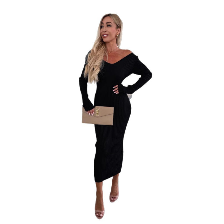 Damen elegantes, figurbetontes Strickkleid mit V-Ausschnitt Drune