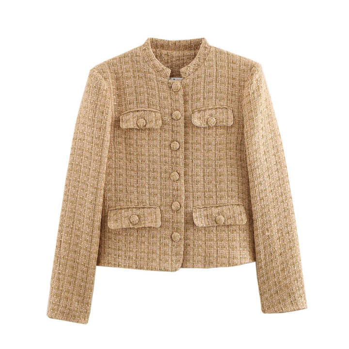Damen elegante Blazerjacke im klassischen Tweed-Stil mit Knopfdetails Drune