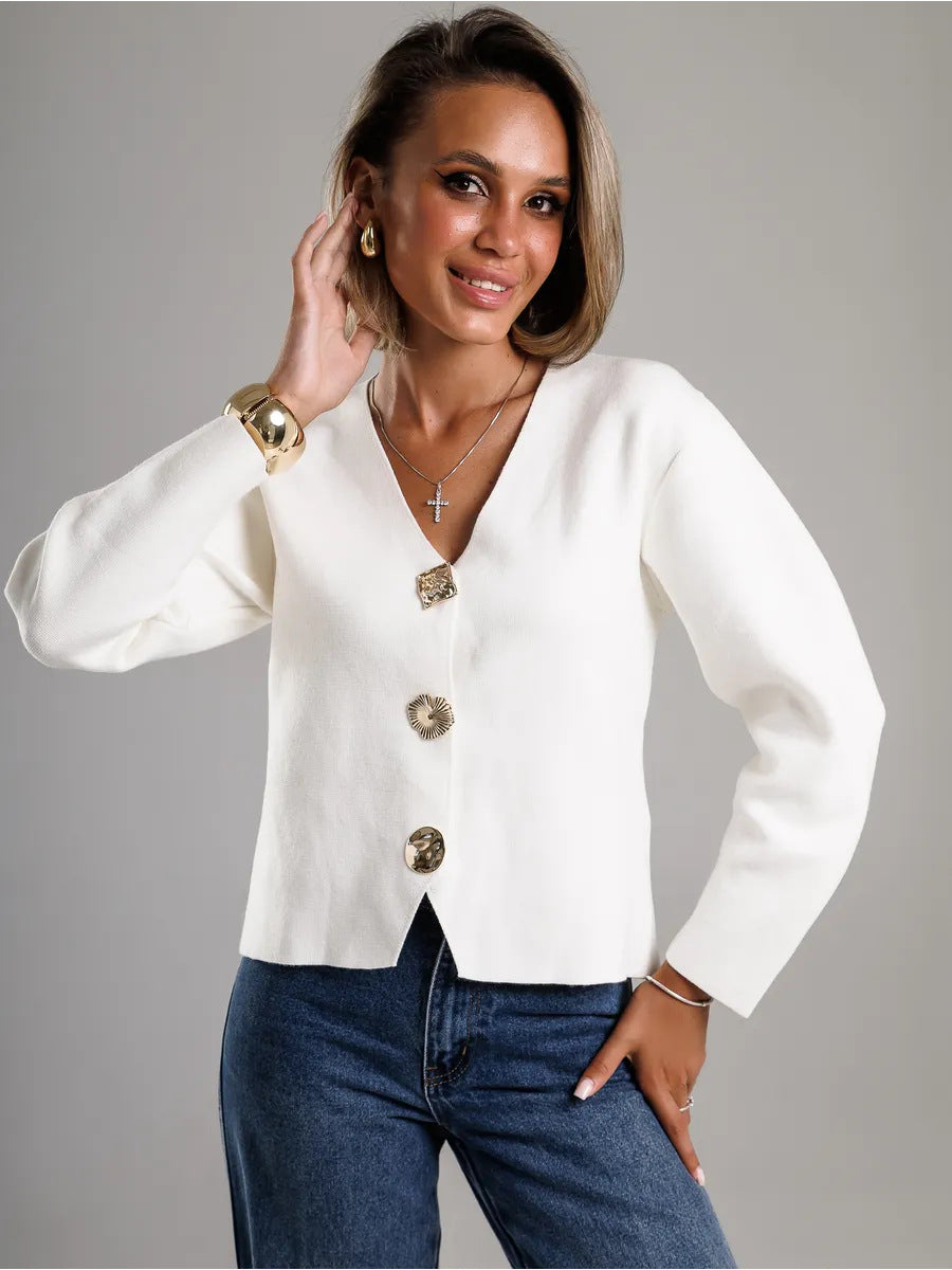 Damen Strickjacke mit goldenen Knöpfen und V-Ausschnitt Drune